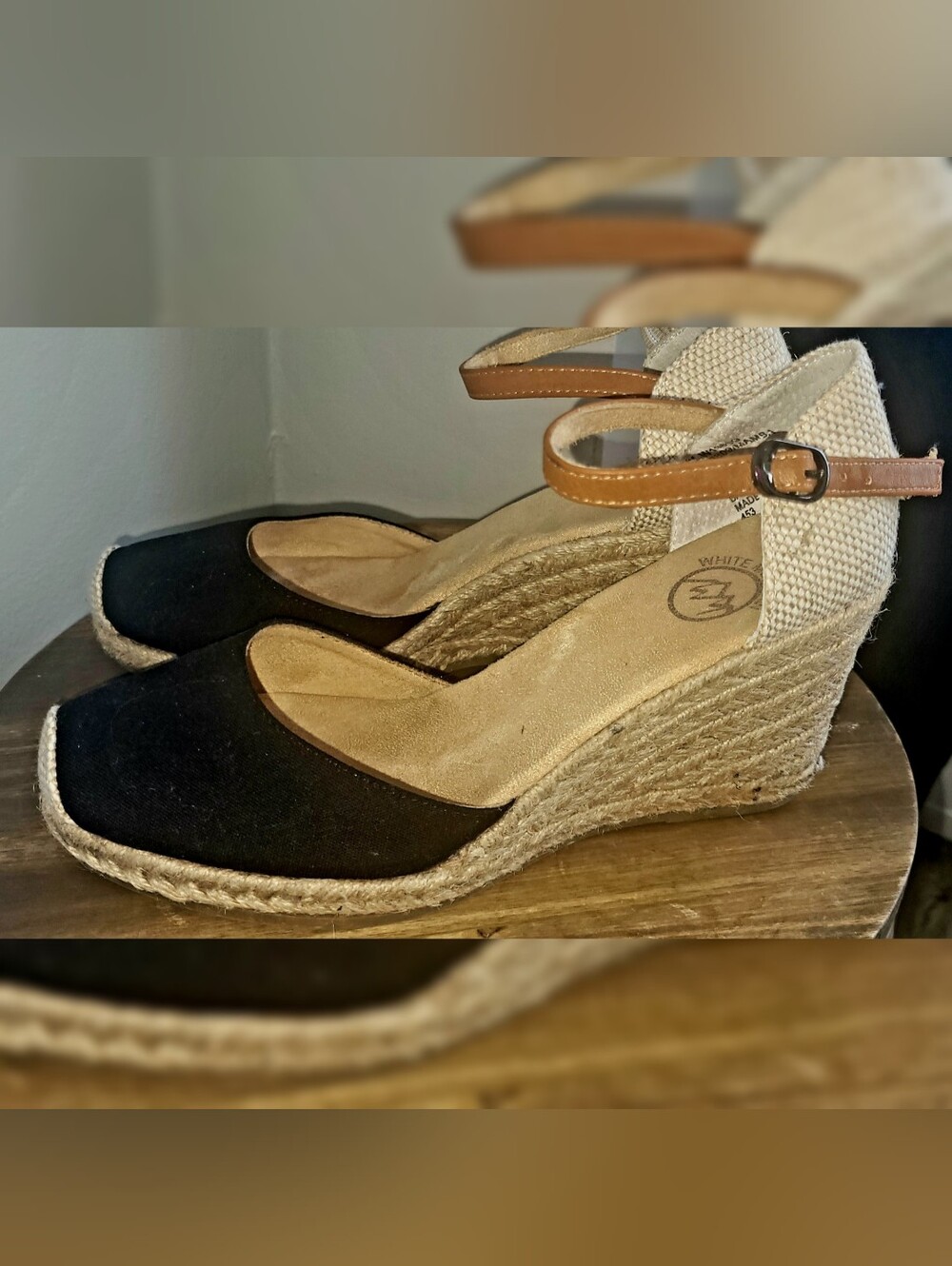 White Mountain Black Espadrille Wedges Platform Sandals Size 6 Boho Summer